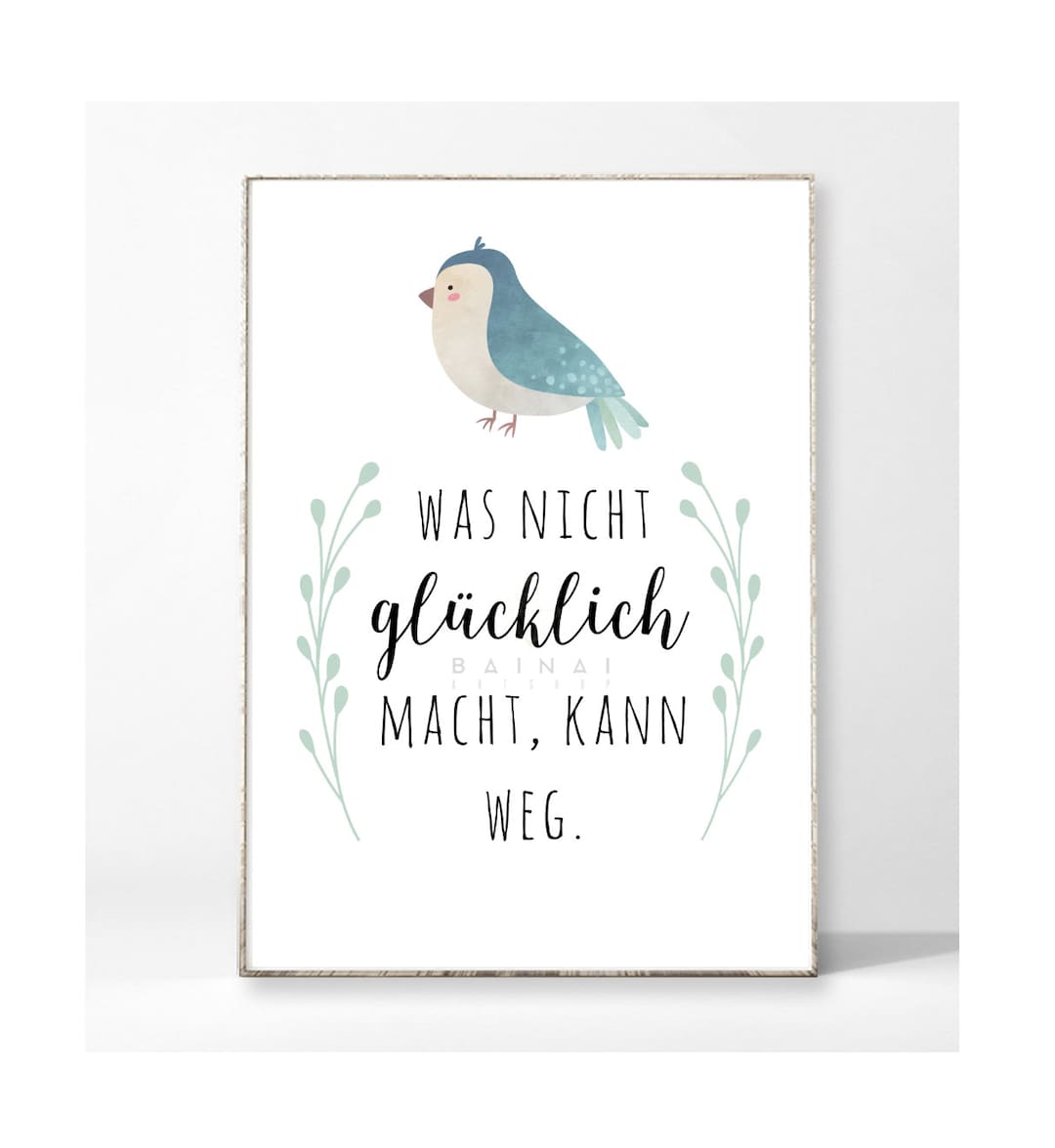 GLÜCKLICH Kunstdruck Poster Bild Typografie Spruch Vogel Zitat