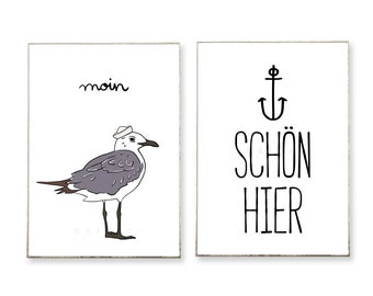 2er Bilder Set: MOIN -ungerahmt- Möwe Vintage Spruch Typografie Sprüche Anker maritim