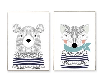 2er Bilder Poster Set -ungerahmt- Kunstdruck Kinderzimmer Fuchs Bär Tiere skandinavisch nordisch Kind Kinderbild