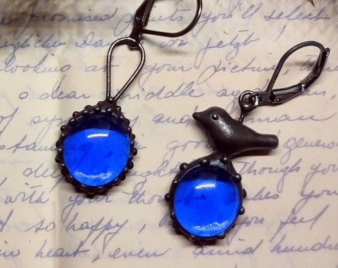 Blue glass boho wildnature earrings bird, asymmetrical bohemian, minimalist naturecore earrings, hippie style forest fairy jewelry