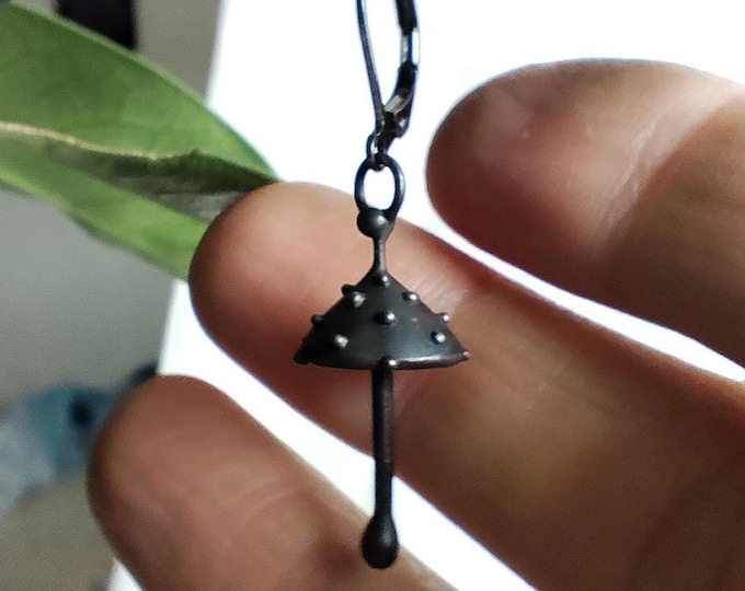 Black Amanita Mushroom Single Earring, Blackened Copper and Pewter Forest Wearable Art