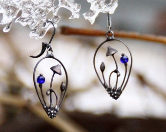 Blue Glass Mushroom Drop Earrings, Blackened Copper Teardrop Dangles, Botanical Wearable Art