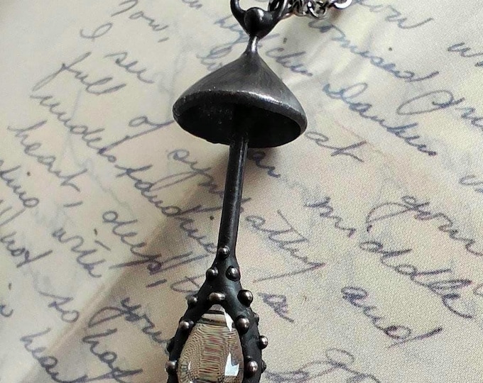Woodland magic mushroom inspired by forest handmade small metal necklace with clear glass, fungi pendant, wild nature design jewelry.