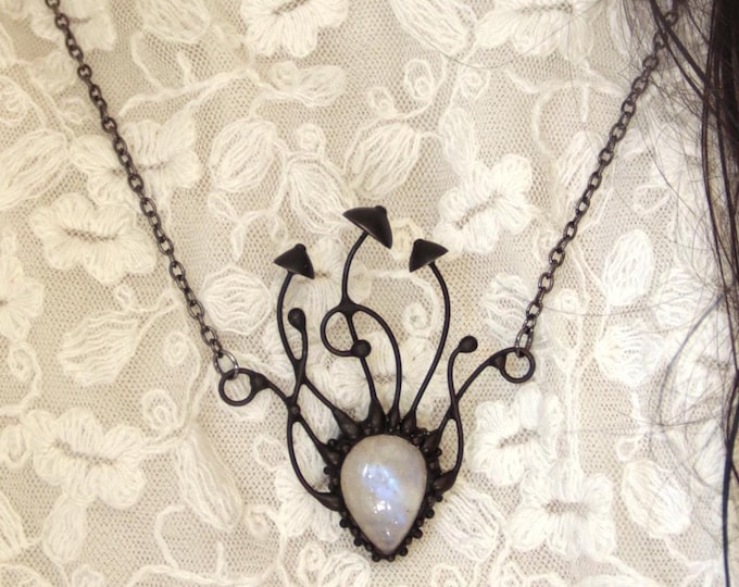 Mystical forest witch necklace magic mushrooms pendant with white moonstone floral botanical fungi jewelry, unique cottagecore gift.