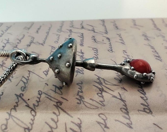 Floral design amanita mushroom inspired by forest handmade metal pendant necklace, fly agaric fungi charm pendant, nature design jewelry.