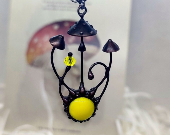 Fly agaric mushroom amanita muscaria forest stained glass necklace with yellow glass, gift for fairy nature aesthetic fungi amanita pendant