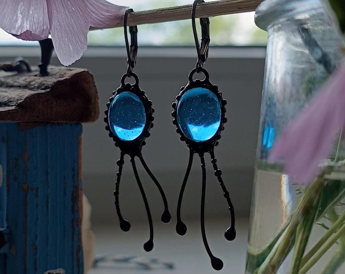 Mystical ocean creatures stained glass jellyfish earrings with blue agate stone, octopus art nouveau earrings, handmade inspired by ocean.