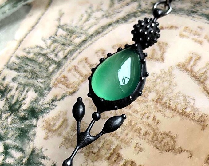 Green Agate Flower Pendant Necklace, Blackened Copper and Pewter Botanical Wearable Art