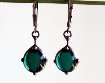 Stained glass author's boho hippie jewelry green earrings, Handmade green glass suncatchers earrings, unique simple earrings gift for woman.