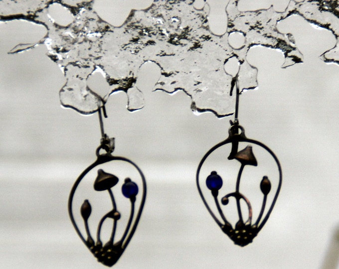 Mushroom Drop Earrings: Black Patina, Blue Glass, Boho Hippie