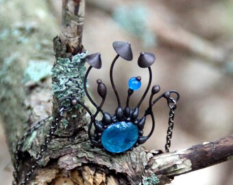 Woodland Mushroom Pendant: Black Metal Toadstools with Blue Glass