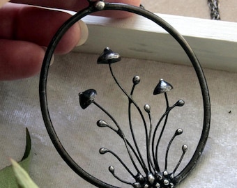 Witchcraft aesthetic magic mushroom big metal forest necklace inspired by woodland, boho hippie fungi necklace, weird mushroom necklace.