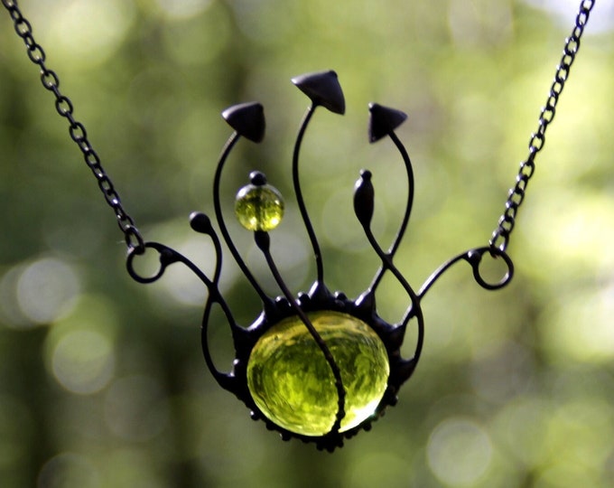 Forest style boho botanical necklace handmade metal magic mushrooms with green glass, inspired by nature unusual gift fungi pendant.