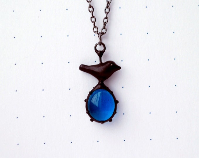 Woodland bird with blue glass boho nature necklace, gift for women, bird pendant, statement necklace, handmade gift for her, forest jewelry.