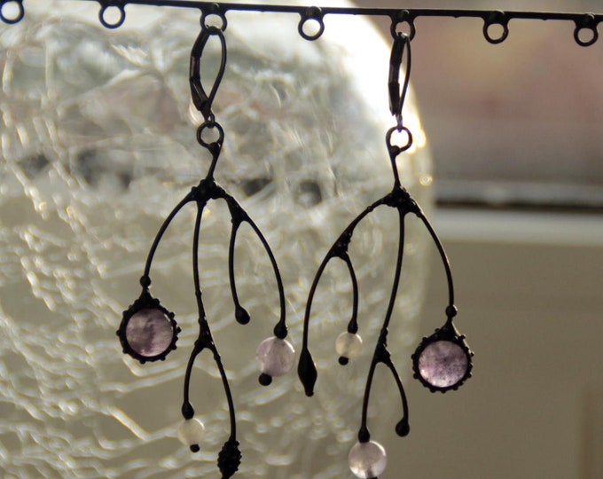 Botanical floral asymmetrical earrings tree branch with purple amethyst, naturecore forest earrings, bohemian style author's jewelry.