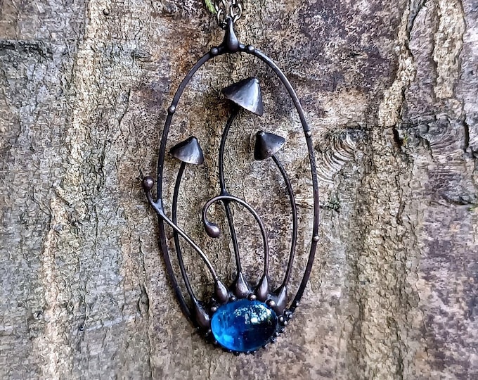 Handmade Forest Witch Psychedelic Necklace with Blue Glass Mushroom Pendant