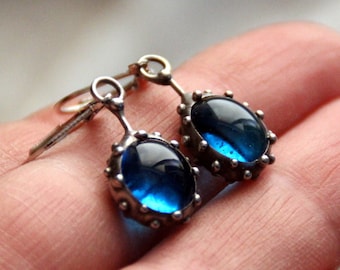 Handmade minimalist stained glass earrings with blue glass, simple geometry unique author's jewellery, unusual statement boho style earrings