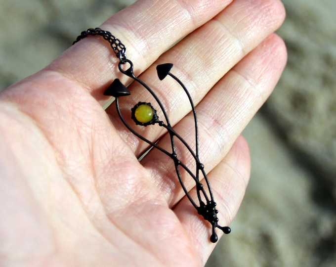 Small magic mushrooms shrooms black metal pendant with green glass, woodland fairy witch jewelry, rave festival gift steel fungi jewellery.