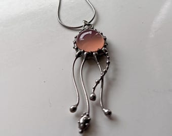 Ocean creatures jellyfish stained glass necklace with rose agate stone, unuque sea lover gift, unusual suncatcher octopus pendant.