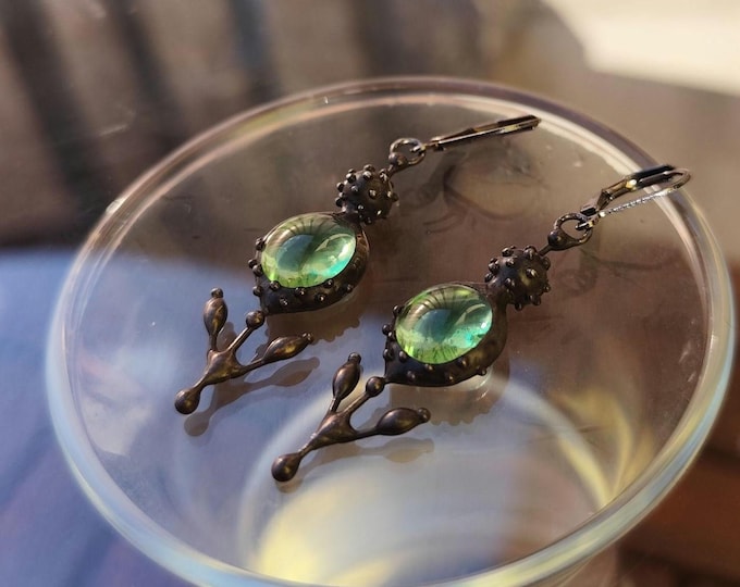 Green Stained Glass Flower Earrings, Blackened Copper and Pewter Botanical Wearable Art
