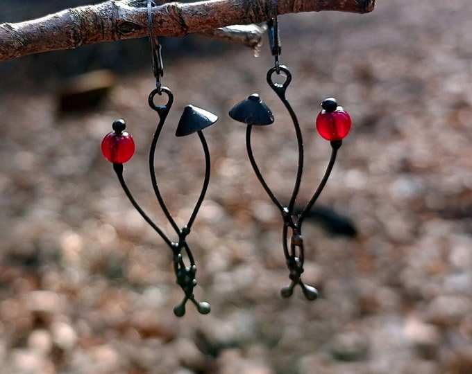 Magic mushrooms metal earrings handcrafted by Yadovito workshop inspired by forest, mushroomcore witchcraft aesthetic wild nature jewelry.