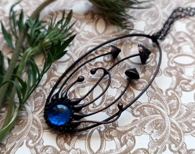 Handmade Botanical Hippie Necklace with Metal Magic Mushrooms and Blue Glass