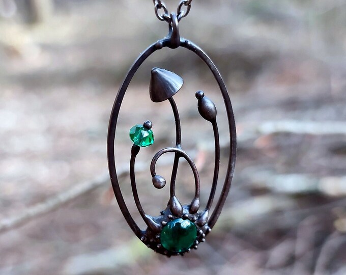 Handmade psylocibe magic mushrooms metal oval necklace with green glass, inspired by wild forest fairy witch woodland elven jewelry.