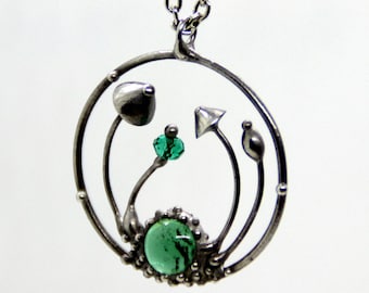 Mushroom Pendant Necklace: Green Glass, Silver Metal, Fairy Witchy Charm