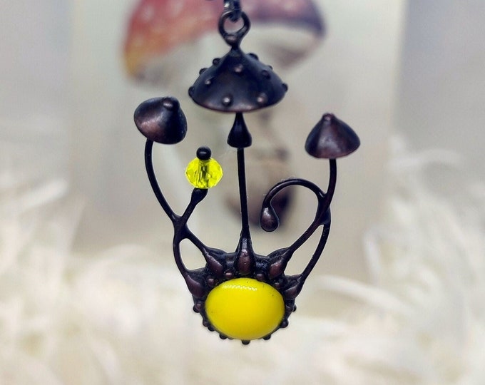 Fly agaric mushroom amanita muscaria forest stained glass necklace with yellow glass, gift for fairy nature aesthetic fungi amanita pendant