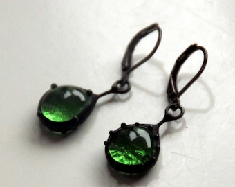 Stained glass simple geometry art novoe suncatchers earrings with green glass, unique hippie style gift, bohemian clothing style.