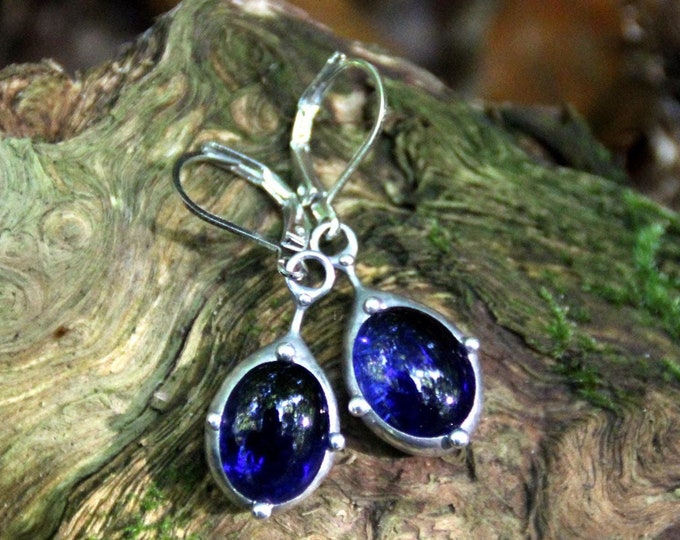 Unique author's jewellery minimalist stained glass earrings, simple geometry blue glass earrings, statement boho style suncatchers earrings.