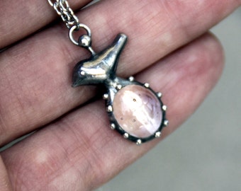 Metal bird with clear glass forest inspired handmade necklace, gift for women birdie pendant, unusual statement handcrafted boho necklace.