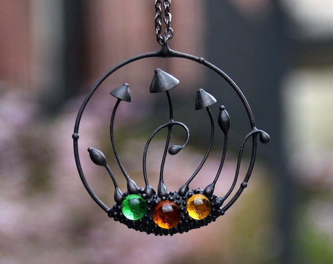 Unusual stained glass mushrooms boho hippie necklace pendant, fungi nature botanical floral jewelry with multicolored glass, aesthetic gift.