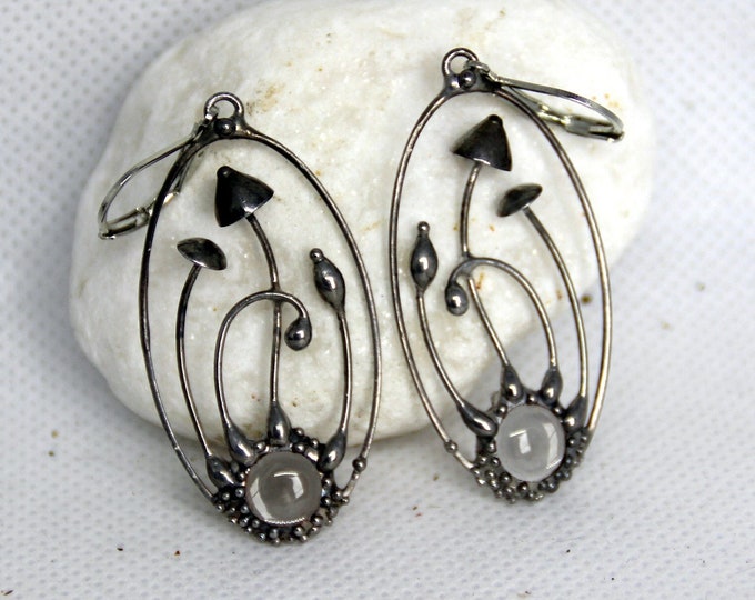 Hippie mushroom silver metal oval earrings with clear glass, fungi witch fairy forest earrings, bohohippie jewelry, witchcraft forest style