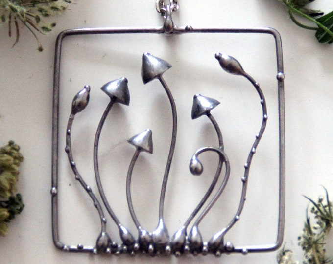 Handmade Forest Psylocibe Mushroom Metal Pendant - Nature Aesthetic Witch Jewelry