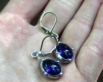 Unique author's jewellery minimalist stained glass earrings, simple geometry blue glass earrings, statement boho style suncatchers earrings.