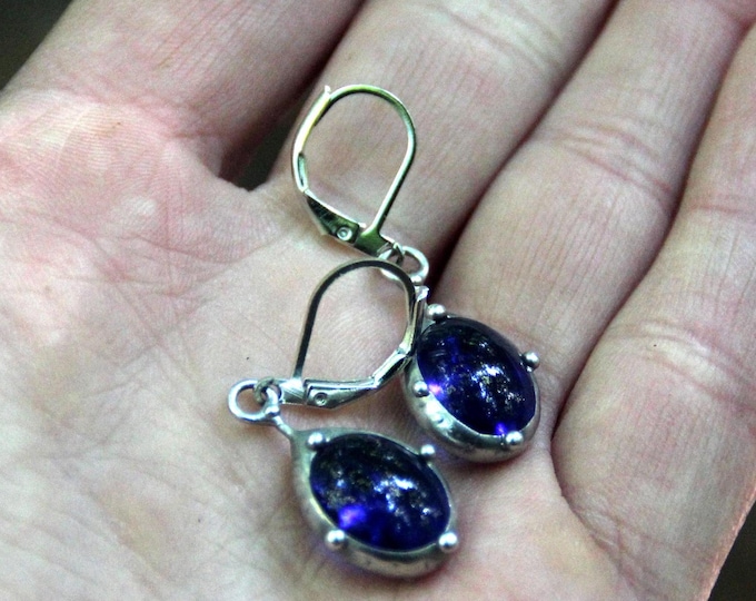 Unique author's jewellery minimalist stained glass earrings, simple geometry blue glass earrings, statement boho style suncatchers earrings.