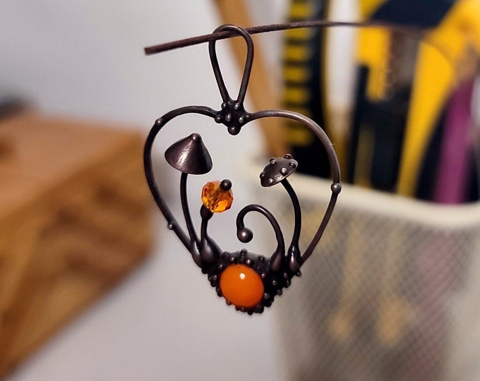 Handmade fly mushroom necklace amanita forest heart with orange glass, witch mystic gift agaric fungi pendant wild nature jewelry.