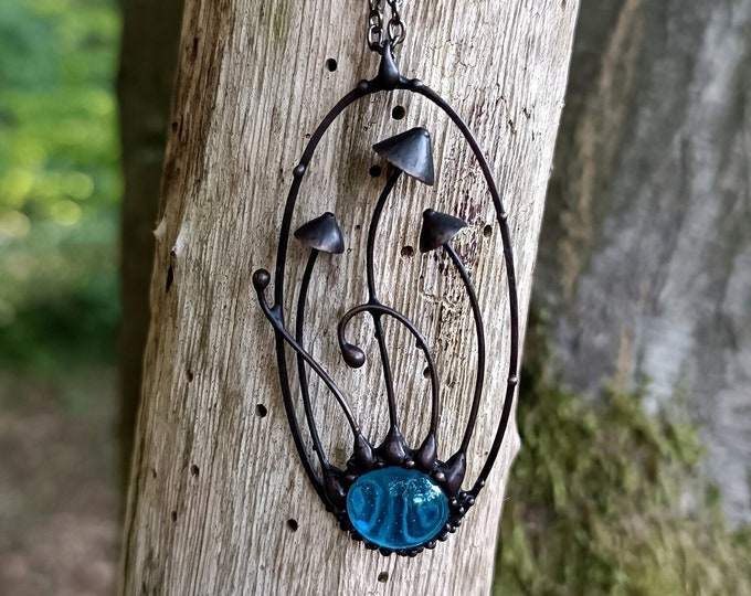 Handmade Forest Witch Psychedelic Necklace with Blue Glass Mushroom Pendant