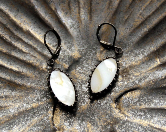 Handmade stained glass oval earrings with white mother of pearl stone, geometry unique boho jewelry, statement simple earrings sea style.