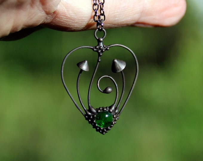 Handmade metal magic mushroom psylocibin fungi necklace pendant with green glass, psychedelic style mushroom jewelry, forest witch pendant