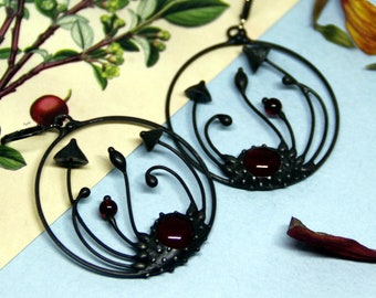 Mushroom Hoop Earrings: Red Glass, Patina Copper, Witch Jewelry