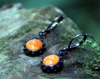 Orange stained glass earrings, unique boho hippie earrings, unusual author style statement sunny earrings, gift for her simple form earrings