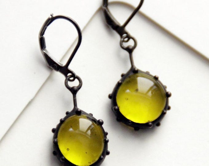 Simple geometry handmade stained glass boho hippie earrings with yellow glass, forest style yellow glass suncatchers earrings, unique gift.