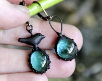 Asymmetrical earrings metal bird, woodland birdie earrings, boho blue glass earrings, boho minimalist earrings, forest hippie earrings.