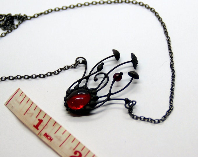 Fly amanita black metal forest magic mushrooms handmade pendant with red glass, inspired by nature, witchy vibes toadstools necklace.