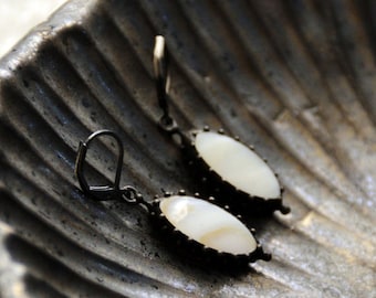 Mother of Pearl Oval Earrings, Blackened Copper and Pewter Sea Wearable Art