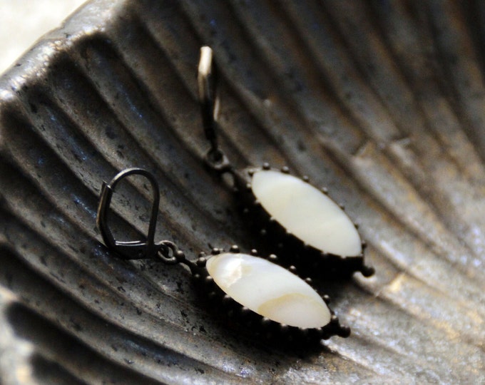 Handmade stained glass oval earrings with white mother of pearl stone, geometry unique boho jewelry, statement simple earrings sea style.