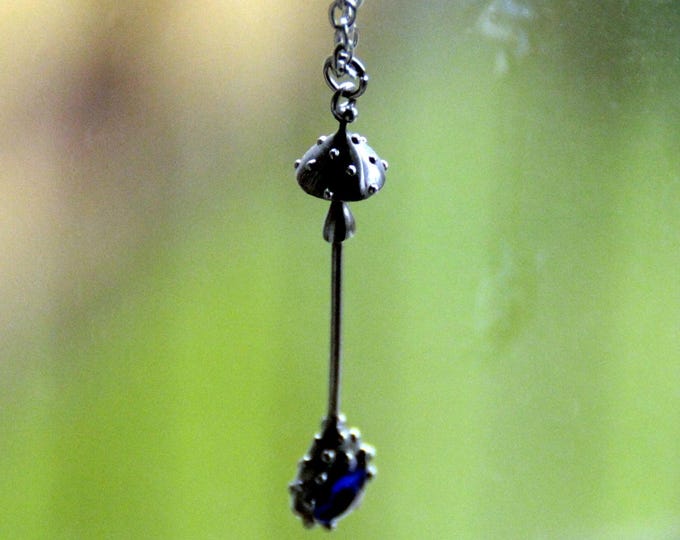 Handmade stained glass amanita muscaria toadstool small pendant, metal fly agaric forest necklace with blue glass, author's gift jewelry.