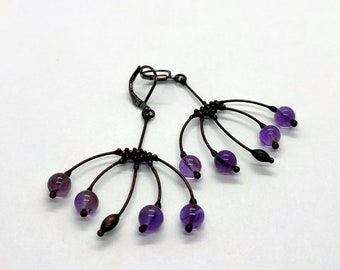 Unusual forest wildberry earrings with purple glass, fairy woodland style earrings, boho hippie natural forest jewelry, hippie girl earrings